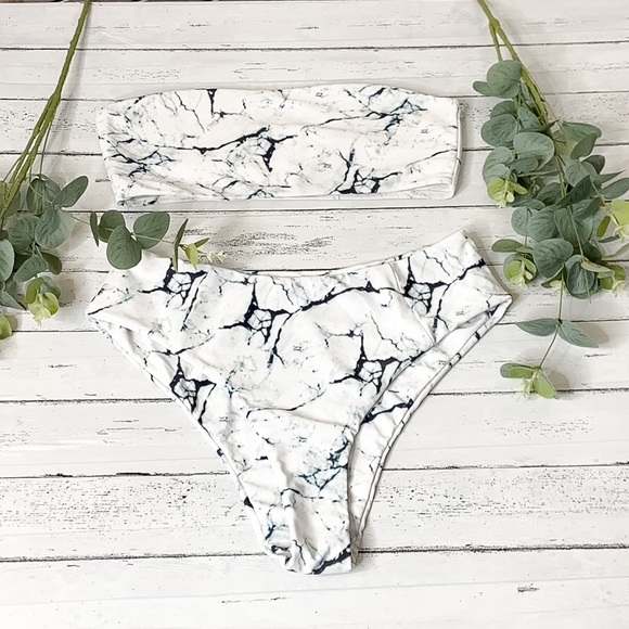 ZAFUL | Marble Print High Waisted Bandeau Bikini - Picture 2 of 7